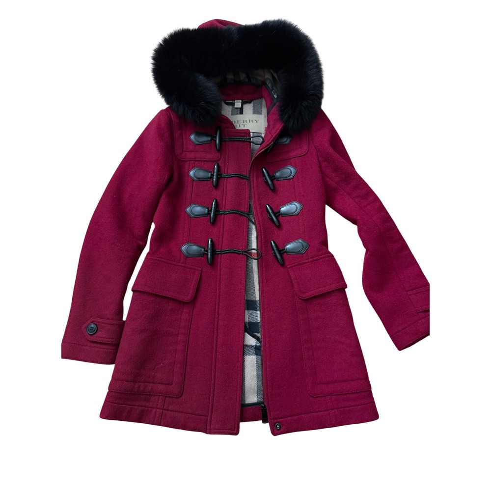Burberry Brit Red Wool Duffle Coat Fox Fur Trim Hood Toggle Closure Size 2